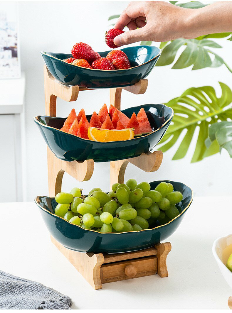 廠家直銷果籃創意雙層多層水果盤帶抽屜陶瓷干果盤竹架家用壽司盤
