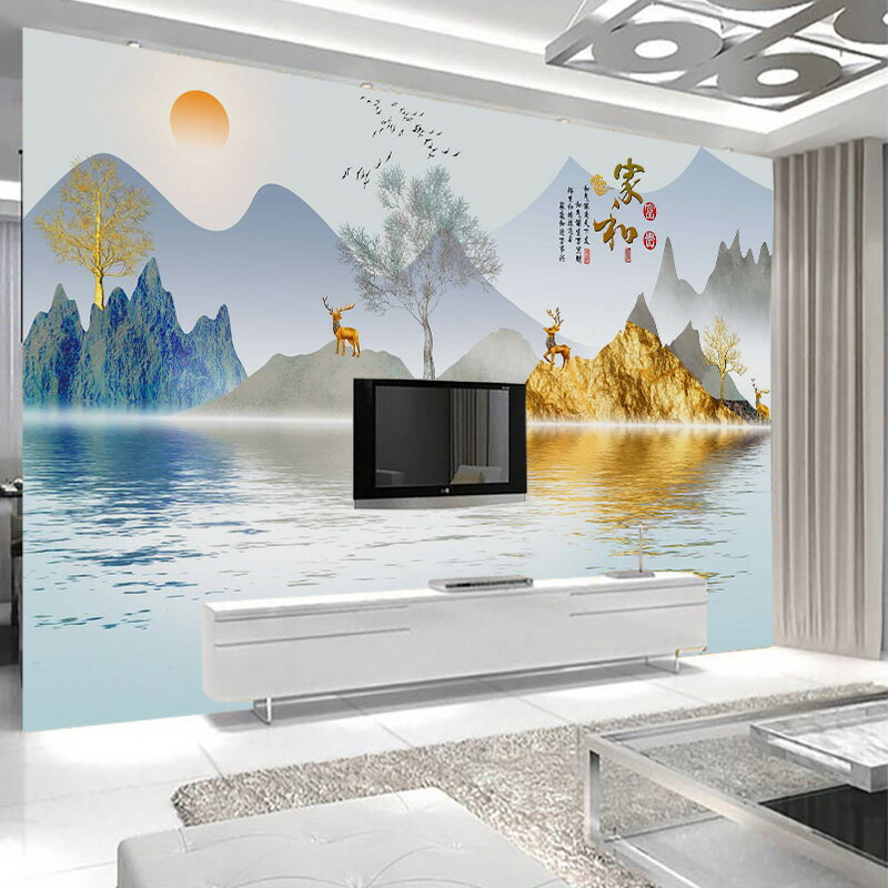 風景牆紙 18d浮雕新中式山水畫沙發壁畫電視背景牆壁紙裝飾牆布客廳大氣3d『XY27235』