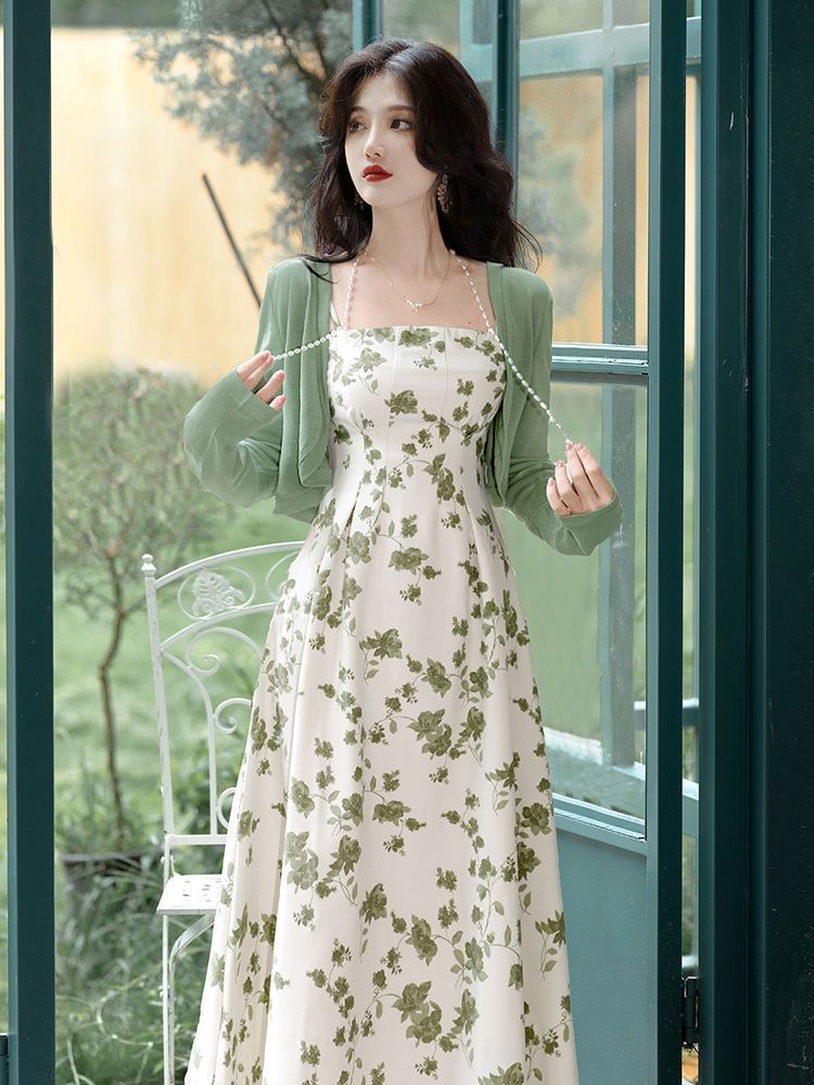 法式復古綠色碎花吊帶連衣裙女夏季2024開衫旗袍兩件套純欲氣質