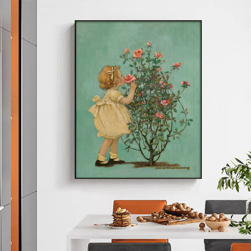 簡約北歐美式小清新文藝玫瑰小女孩掛畫ins小眾花卉客廳墻裝飾畫