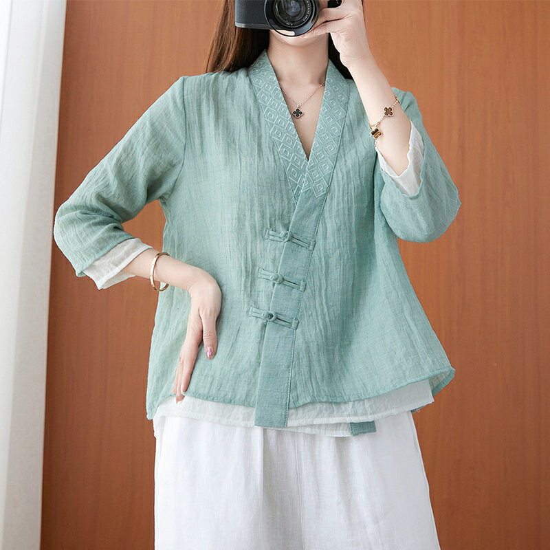 夏季新款文藝復古棉麻改良漢服雙層刺繡茶服中式盤扣襯衫上衣