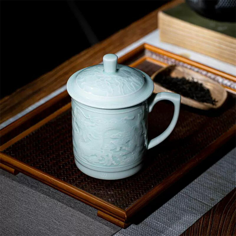 景德鎮青瓷茶杯辦公杯個人泡茶杯大容量龍紋陶瓷水杯泡茶帶蓋杯子