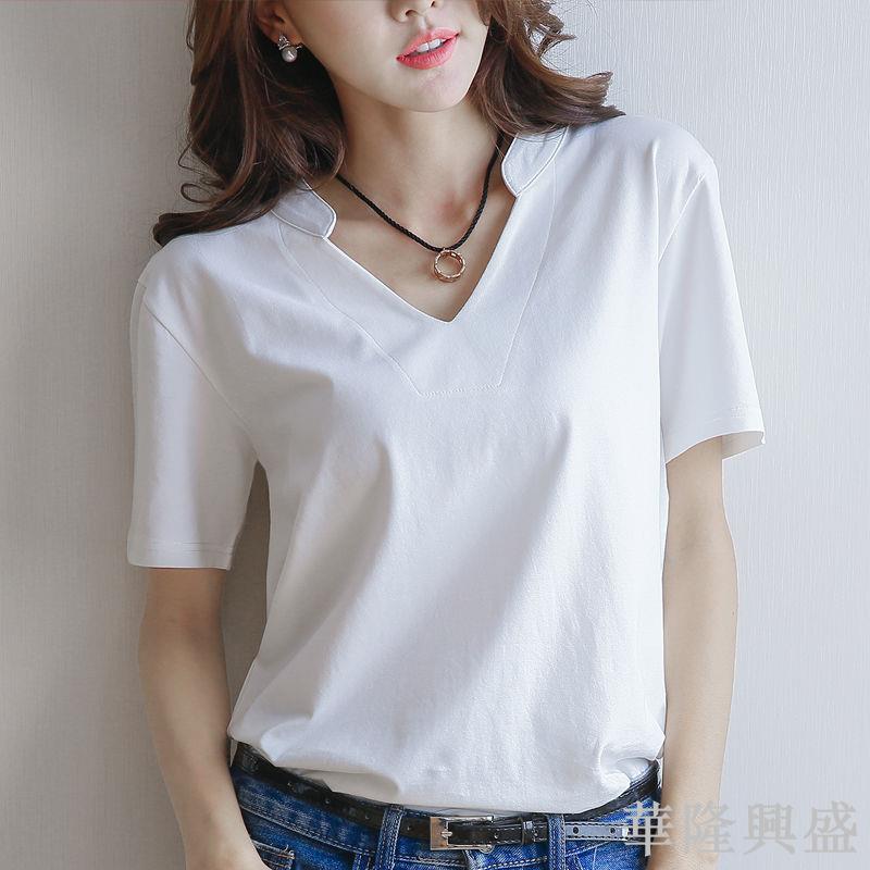 2024夏季白色v領短袖t恤女新款韓版休閑寬松上衣純色打底衫體恤