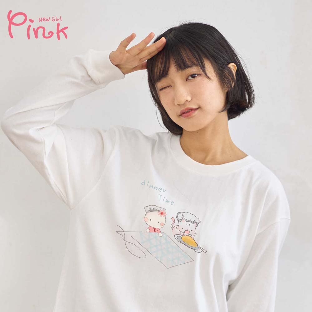Pink*文青風手繪小米與貓長袖T恤 Z2311BD