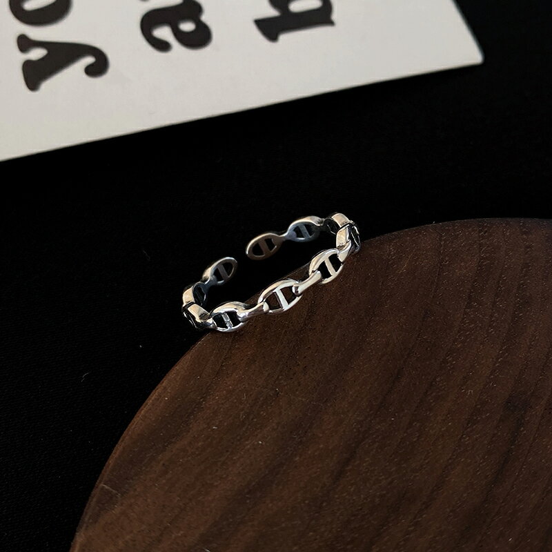 925純銀鏈條戒指女小眾設計復古食指戒ins潮豬鼻子年新款指環