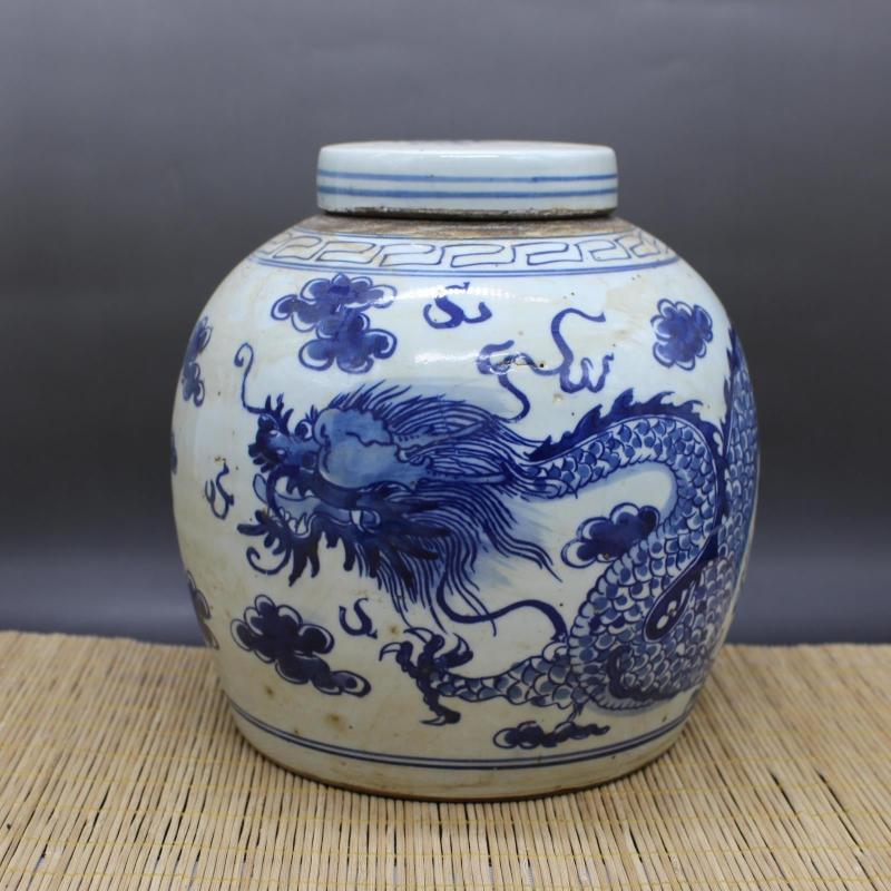 清康熙青花雲龍紋茶葉蓋罐 仿古老貨瓷器 家居擺件 古董古玩收藏1入