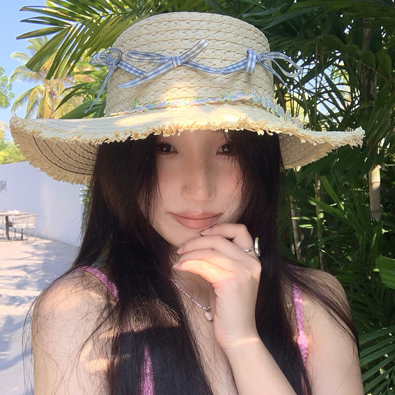 蝴蝶結花朵平頂草帽女夏季海邊度假沙灘帽大帽簷遮陽防曬太陽帽子