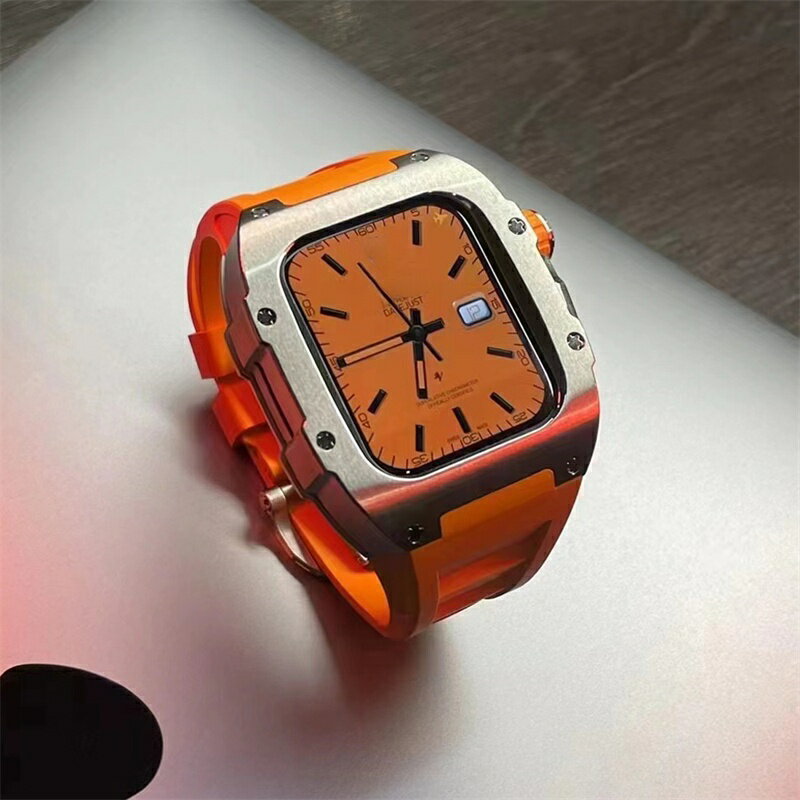 質感不鏽鋼改裝套裝 適用Apple Watch 8代 7 6 5 4 SE金屬錶殼 44mm 45mm 橡膠錶帶