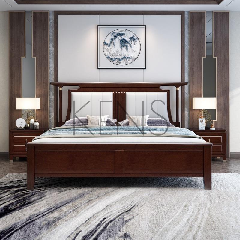 主臥床 實木床 新中式雙人床1.8米實木床簡約現代軟靠床輕奢臥室家具高箱儲物床