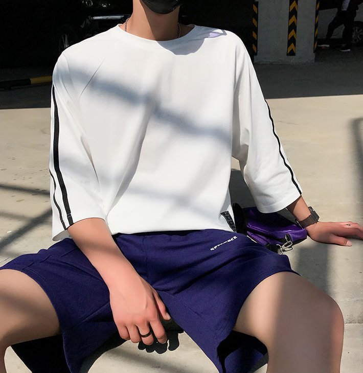 FINDSENSE H1 2018 夏季 新款 日本 條紋織帶 加肥大碼寬鬆 舒適透氣 T恤 七分袖時尚潮男上衣