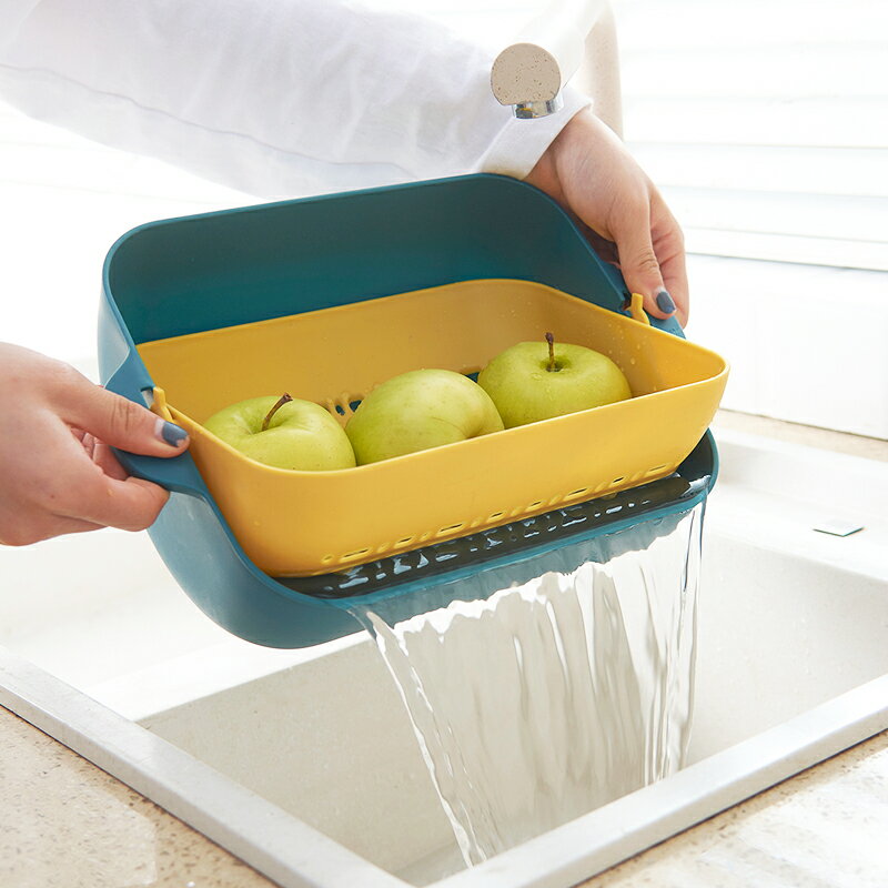 家用創意雙層方形旋轉洗菜籃塑料翻轉瀝水籃水果籃廚房洗菜盆果盤