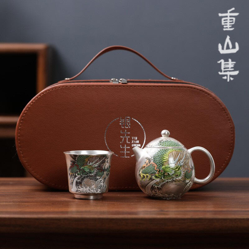 999純銀一壺一杯陶瓷金銀錯紋辦公禮物隨身便攜旅行龍年國潮茶具