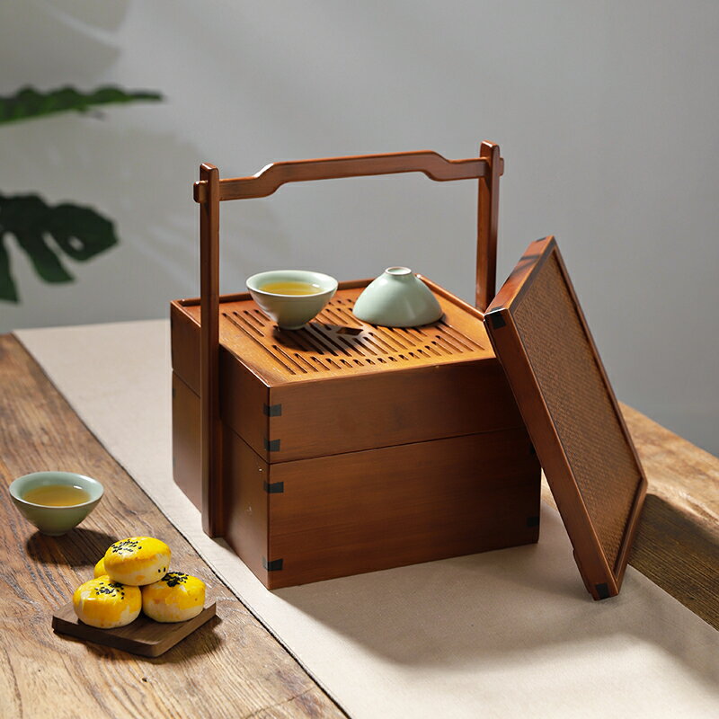 異興竹制提箱竹編茶箱竹提籃茶具收納雙層戶外茶具茶點食盒收納箱| 協貿 