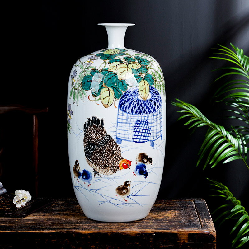景德鎮陶瓷器手繪粉彩花瓶大號瓶子中式家居客廳電視柜裝飾品擺件
