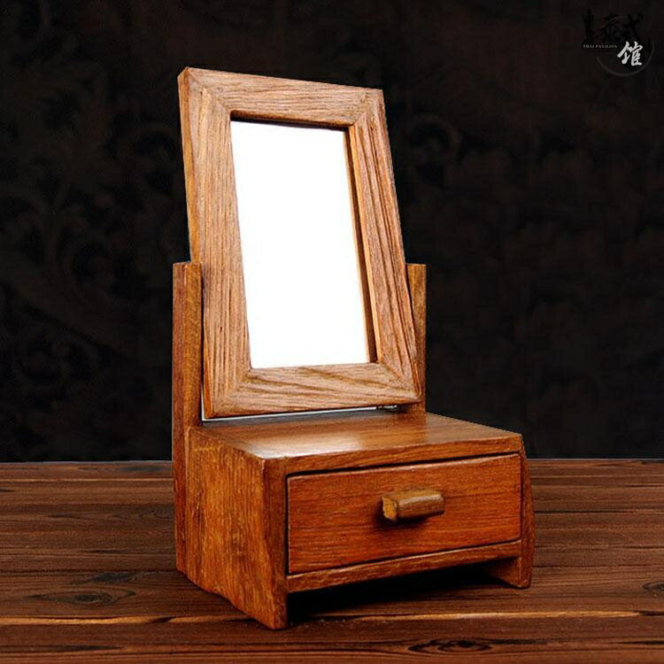 實木方形化妝鏡木質臥室梳妝鏡子臺面化妝鏡帶儲物收納盒公主鏡子