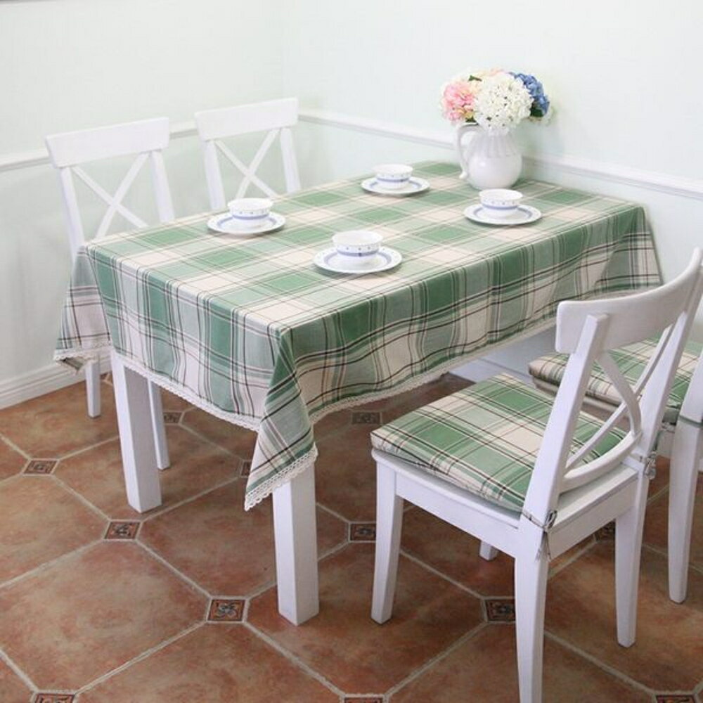 ✤宜家✤高檔美式鄉村綠色清新格子蕾絲邊棉麻桌布 茶几 野餐布 餐桌布