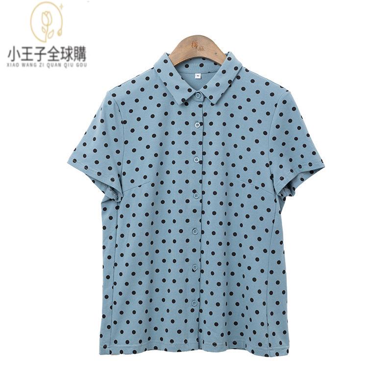 【公司現貨速發】免運 開發票 小王子女裝夏款圓點印花寬松百搭通勤襯衫減齡休閑小方領短袖針織襯衫女裝上衣 流行女裝 棉麻 早秋 日韓女裝