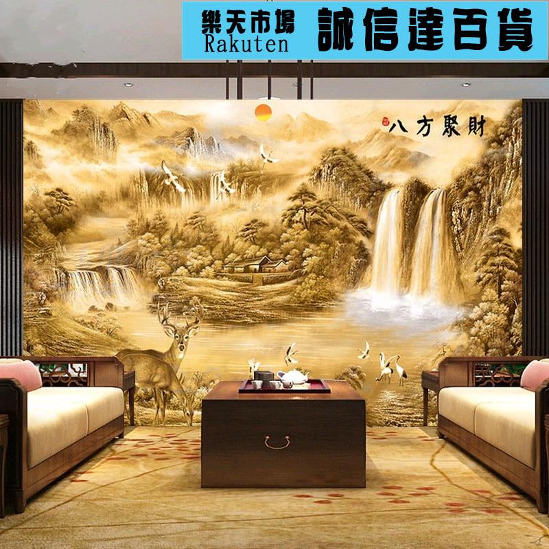 桌布 壁貼 中式3d立體電視背景牆壁紙壁畫客廳辦公室招財風景畫牆布桌布