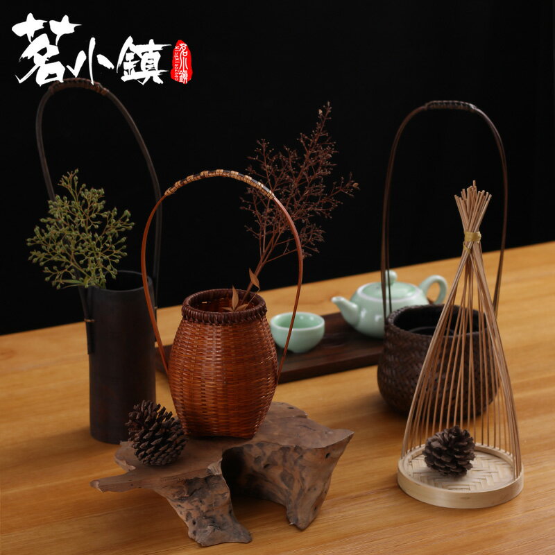 手工花籃中式竹籃竹編花器復古日式花道茶樓茶社裝飾中華花藝擺件