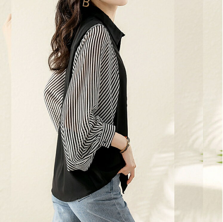 中大尺碼韓版女裝 百搭雪紡上衣 時尚氣質簡約雪紡拼接條紋長袖襯衫 長袖上衣 雪紡衫 3