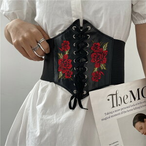 法式玫瑰花刺繡復古腰帶女裝飾配裙子松緊黑色彈力寬腰封束腰時尚