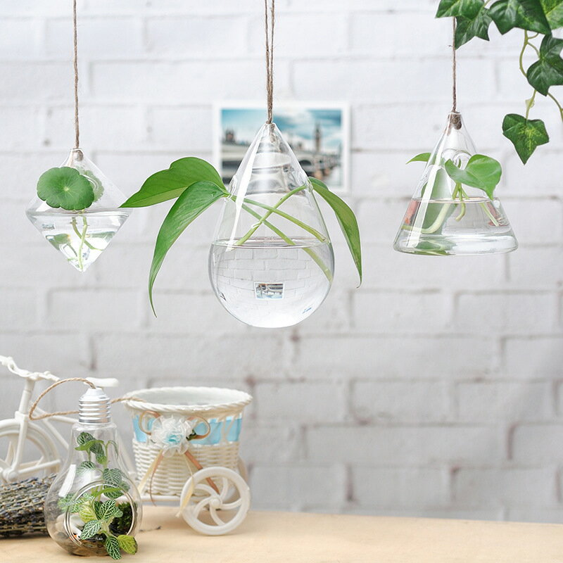 懸掛花瓶 家居裝飾壁掛透明玻璃許愿瓶水培植物創意魚缸吊瓶包郵