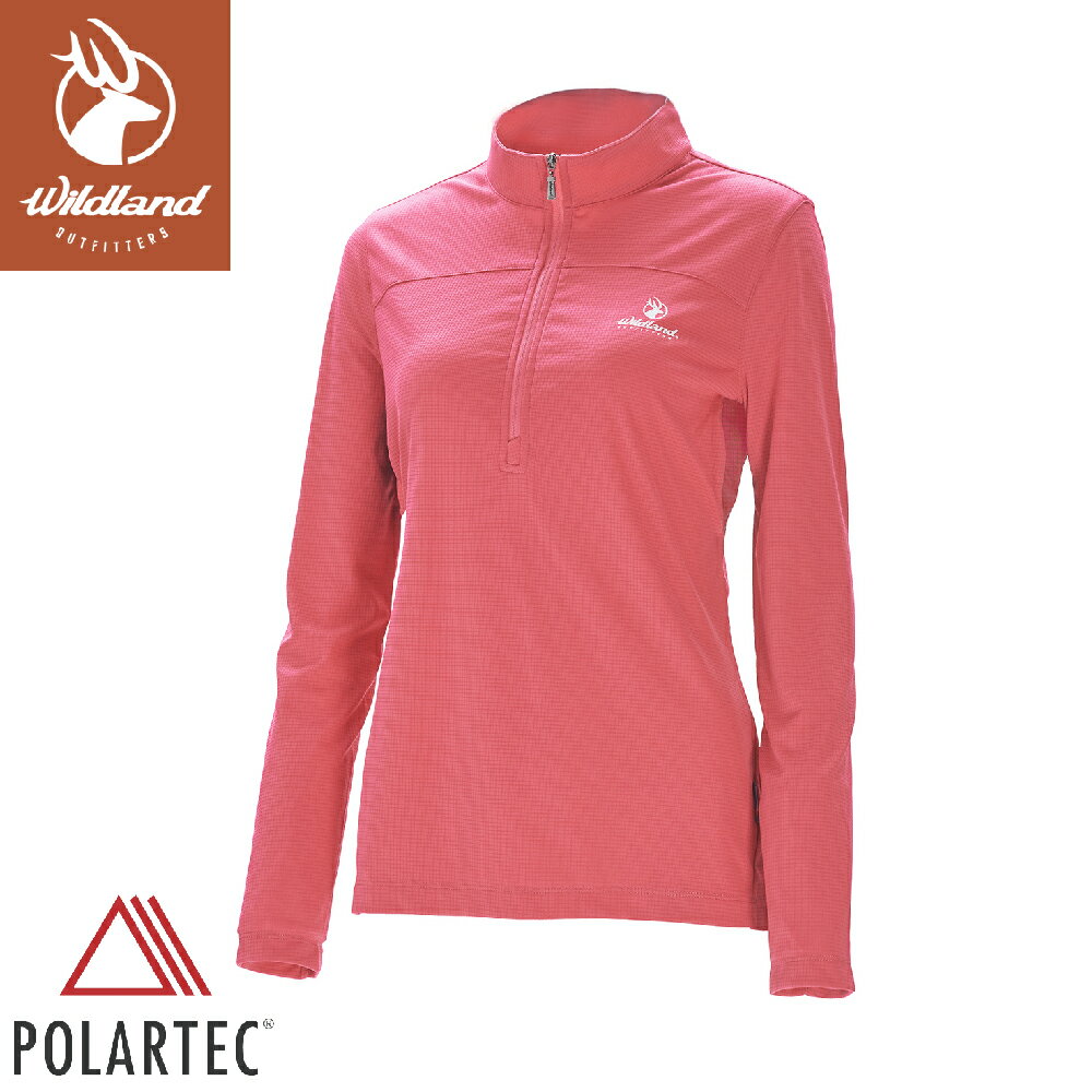 【Wildland 荒野 女 Polartec pd格狀抗臭zip長袖衣《野玫瑰粉》】P1619/排汗衣/戶外運動機能上衣