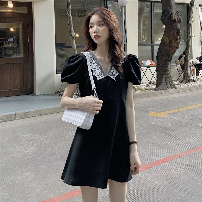法式復古黑色泡泡袖連衣裙女夏季年新款裙子氣質韓版收腰短裙