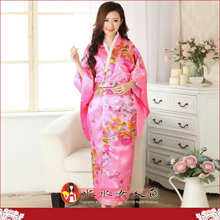 熱賣爆款！日式綢緞和服浴衣睡袍，復古印花，東瀛和服風，少女寫真舞台表演必備-粉桃-水水女人國