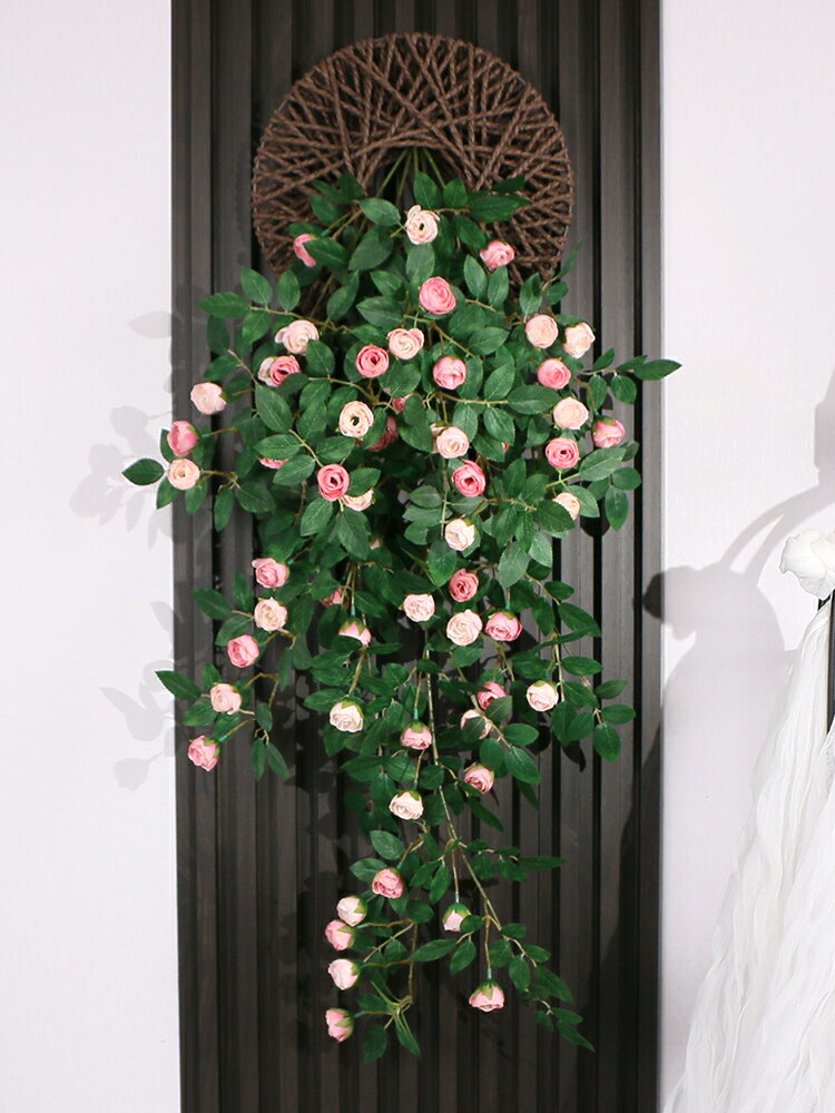 仿真玫瑰花藤仿生墻面遮擋壁掛墻上裝飾綠植假花藤條墻壁掛花吊花