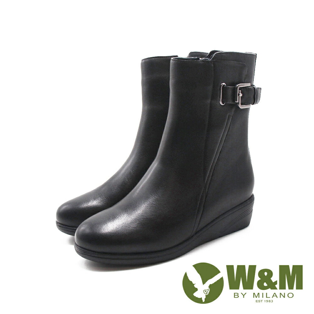 W&M(女)皮釦造型內拉鍊楔型底女靴 女鞋－黑色(另有棕灰色)