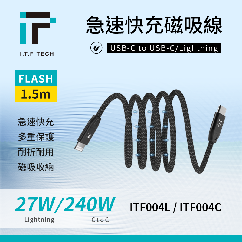 【4%點數】I.T.F 磁吸急速快充傳輸線 1.5M ITF004L ITF004C 27W 傳輸線 快充線 磁吸線 CC/CL