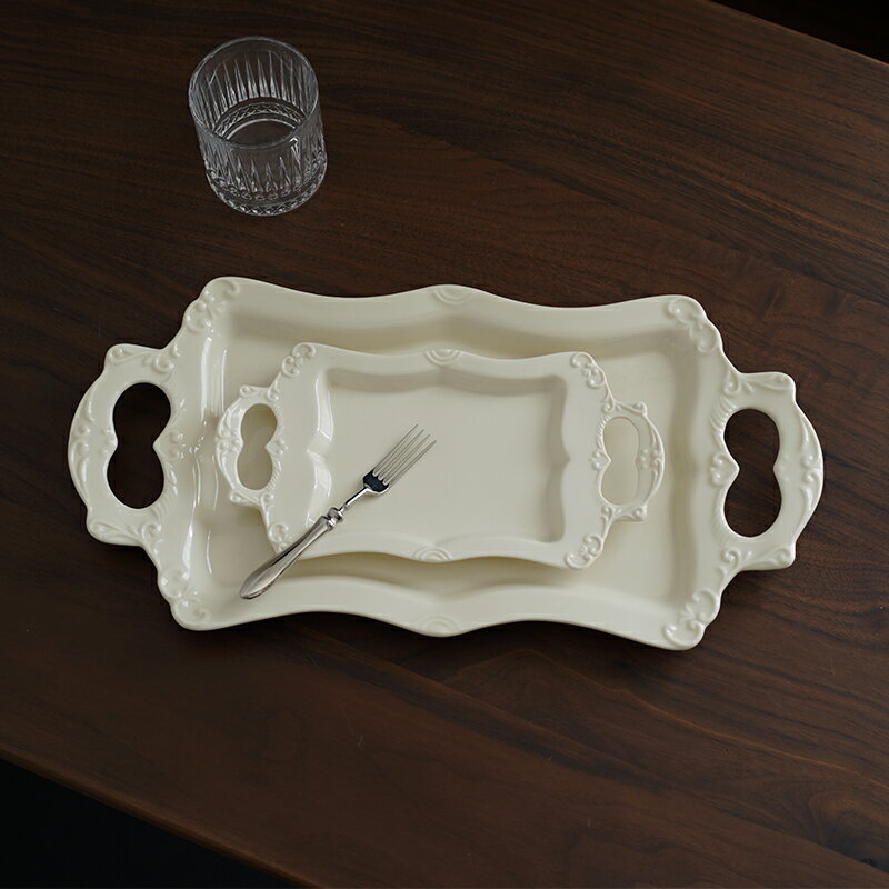 17寸10寸 出口北歐風格奶油色陶瓷雙耳托盤 高檔蛋糕盤拼盤儀式感