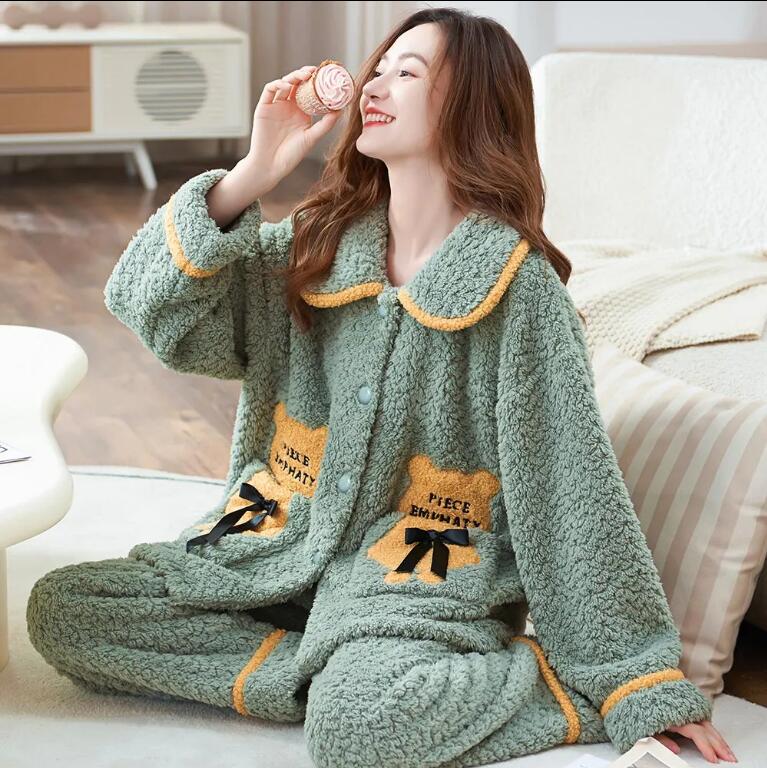 家居服娃娃領睡衣女冬季加厚加絨法蘭絨家居服秋冬款保暖可外穿甜美風【步行者戶外生活館】
