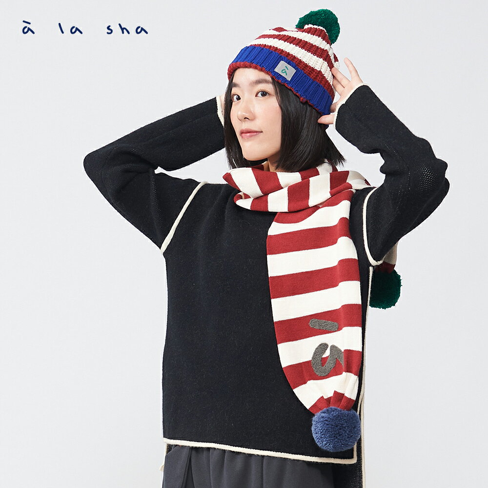a la sha 大A字雙色毛球條紋針織圍巾