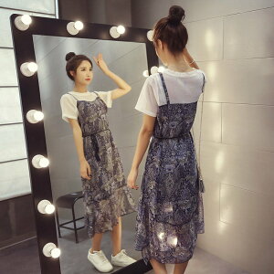 FINDSENSE G5 韓國時尚 網格 拼接 假兩件式 短袖 連身裙 中長款 碎花裙