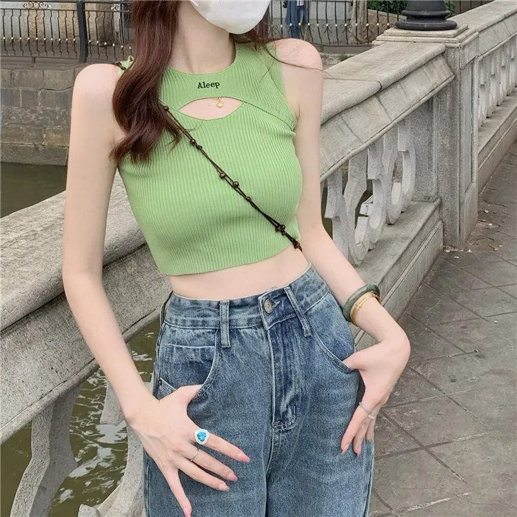 女士背心 小可愛 字母鏤空無袖小吊帶 女內搭背心 外穿修身辣妹上衣 百搭無袖T恤 女生背心【不二雜貨】