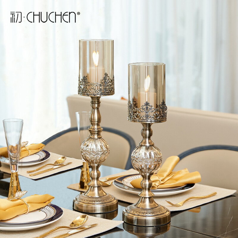 歐式燭臺擺件復古金屬鐵藝水晶玻璃浪漫燭光晚餐桌道具美式裝飾品