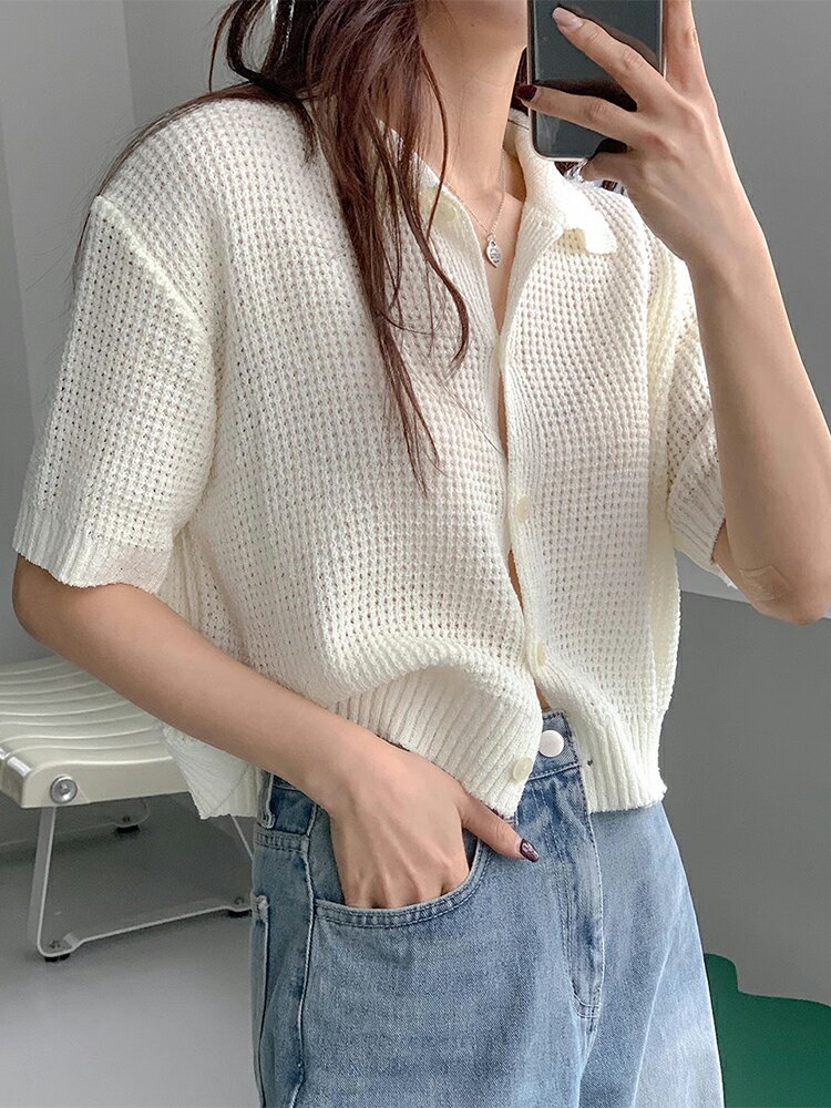 韓國chic春季新款氣質百搭polo領針織開襟女小眾薄款冰絲短袖上衣
