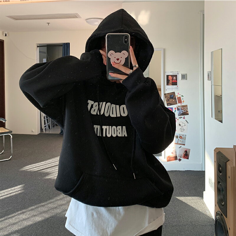 加絨加厚炸街連帽衛衣女秋冬季新款寬松bf慵懶風高階感外套ins潮