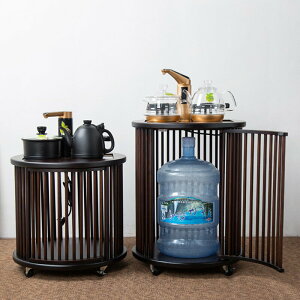 晟窯胡桃色可移動茶柜燒水壺一體儲茶柜架圓形置物架茶水柜小茶車