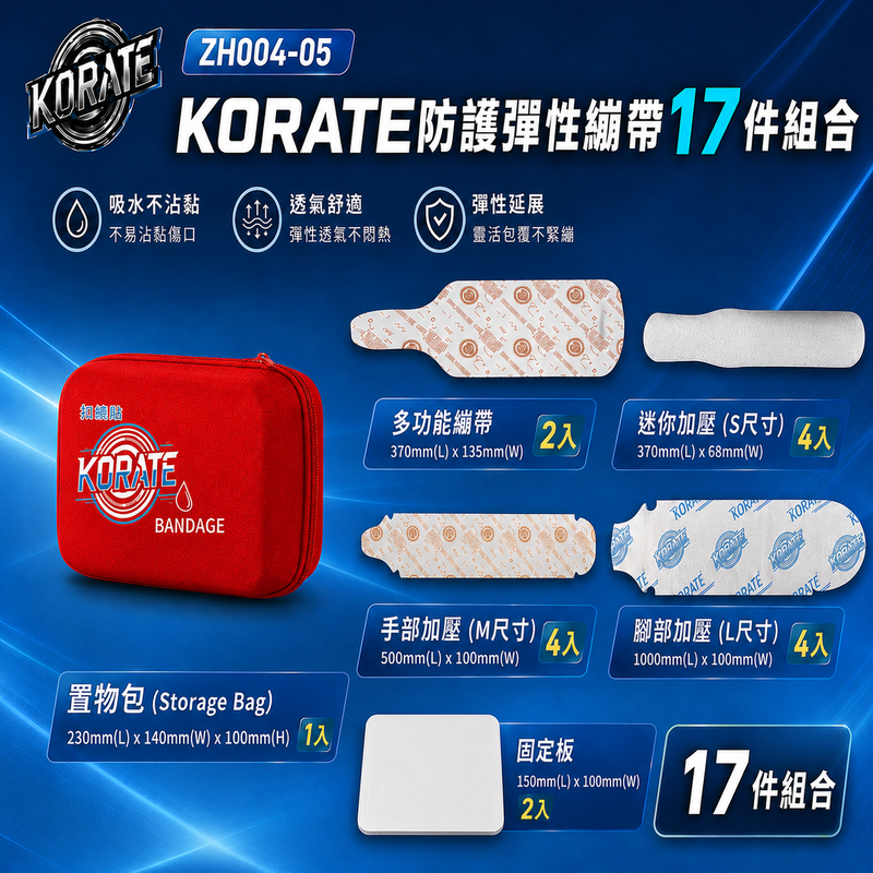 【淞康彈性繃帶(未滅菌)】ZH004-05-KORATE防護彈性繃帶17件組合-扣繞貼彈力防護繃帶(S號*4、M號*4、L號*4、多功能*2)、固定板*2、置物包*1 0