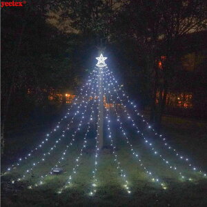 跨境LED瀑布圣誕節日掛樹流星燈 戶外庭院遙控太陽能五角星流水燈