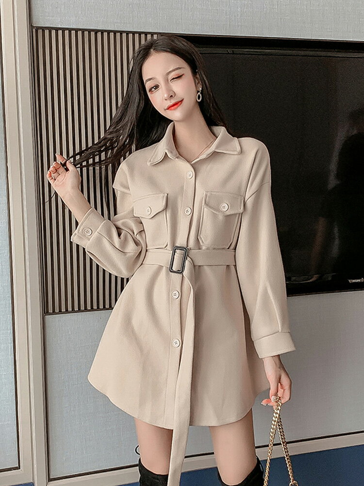 毛呢外套女秋季新款時尚韓版洋氣收腰燈籠袖中長款呢子連衣裙1入