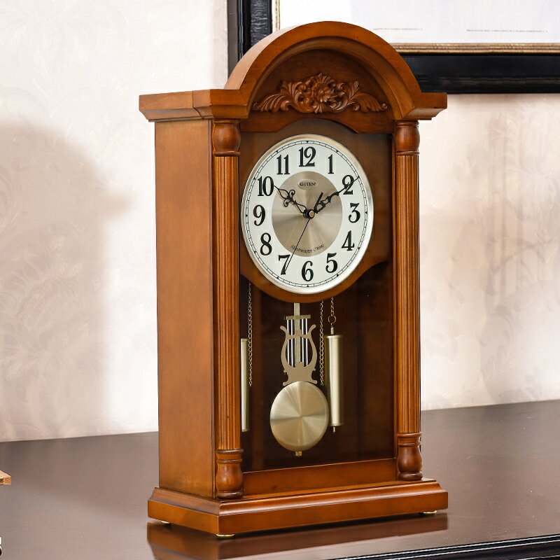 新中式音樂報時座鐘表家用實木擺件臺鐘日本精工別墅裝飾靜音時鐘