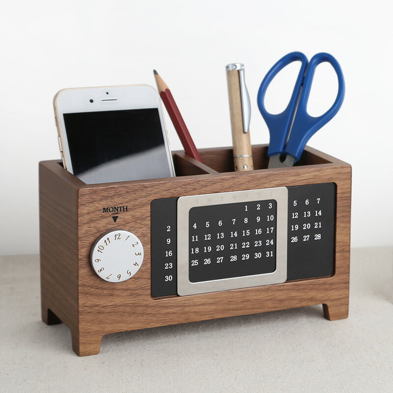 木質創意辦公用品筆座萬年歷筆筒多功能筆桶辦公室文具桌面收納盒