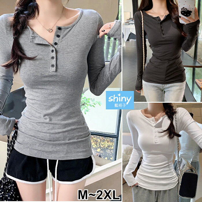 隨性秋日．純色鈕扣修身圓領長袖上衣－shiny藍格子【V5164】