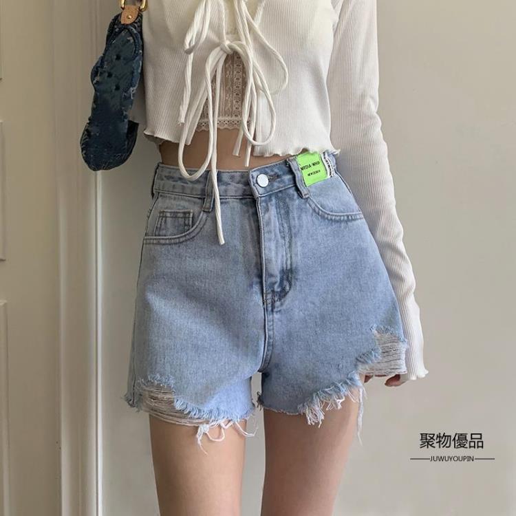 女生牛仔褲推薦，女生牛仔褲推薦-牛仔寬褲推薦到破洞牛仔短褲女夏季高腰a字褲寬鬆顯瘦闊腿褲子毛邊熱褲【聚物優品】