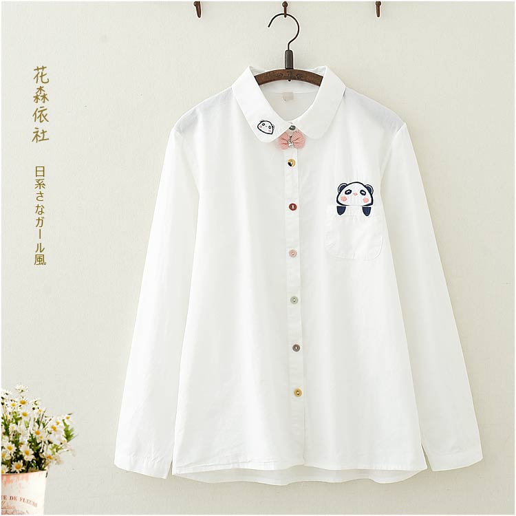 學院風春裝童趣熊貓刺繡寬松長袖襯衫學生少女軟妹可愛白襯衣上衣