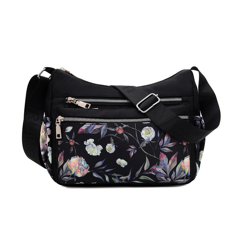 【喜挖】新款尼龍布花色多拉鍊布包中年單肩斜挎包媽媽包時尚印花大包女包